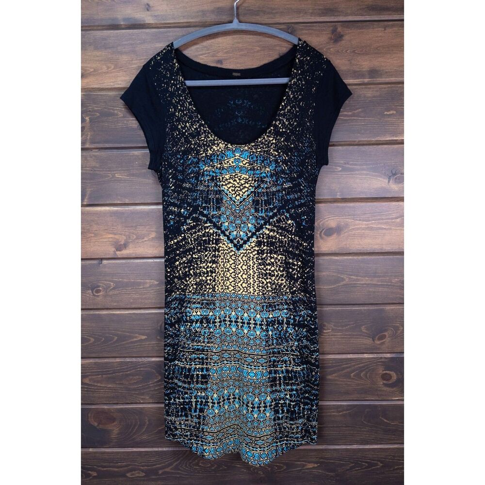 Free People T Shirt Mini Dress Black Blue Tan Boho Print Short Sleeve Medium